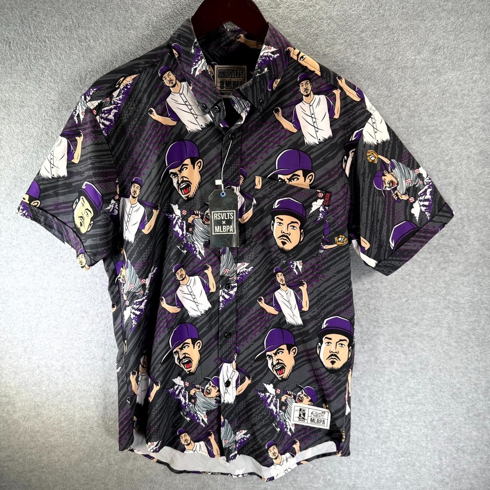 Rsvlts X Mlbpa Shirt Men's Medium Gray Purple Stretch Nolan Arenado Short Sleeve